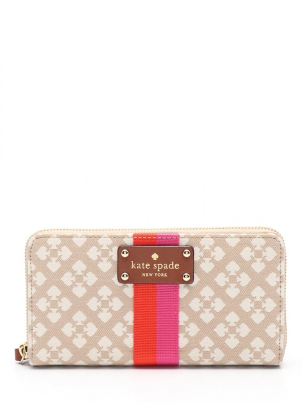 Kate Spade Beige Signature Stripe Zip Wallet with Pink and Red Stripe